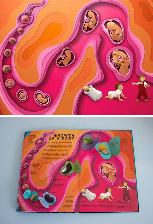 Scherenschnittkunstwerk, das das Wachstum eines Babys darstellt