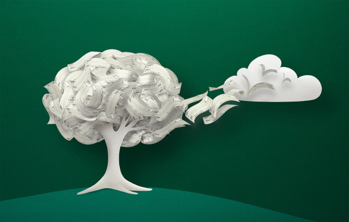 Escultura de papel de un árbol y una nube.