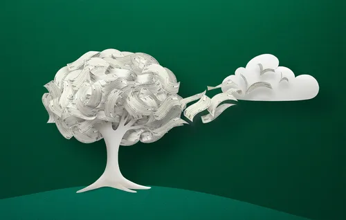 Papierskulptur eines Baumes und einer Wolke