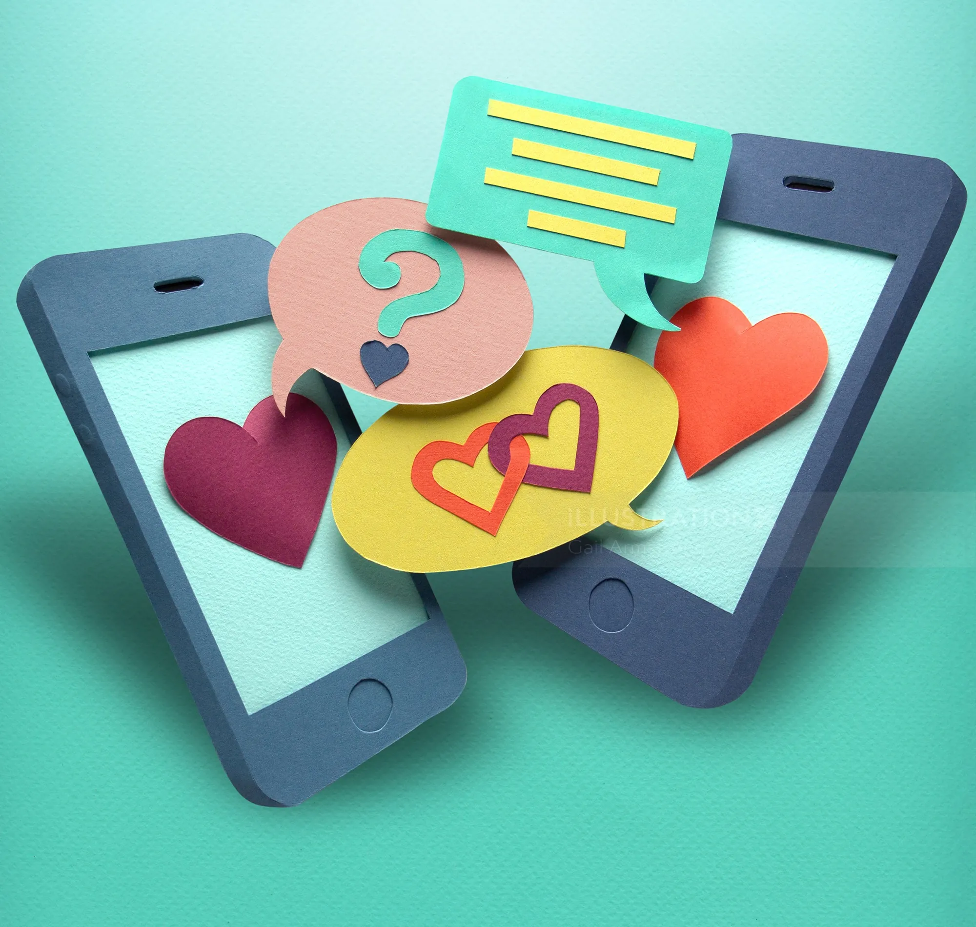 Teléfonos inteligentes de papel con burbujas de chat y corazones sobre fondo verde azulado.