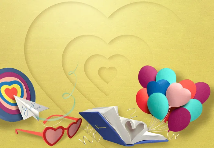 Heart balloons, heart-shaped glasses, paper hearts, and paper airplane on yellow background