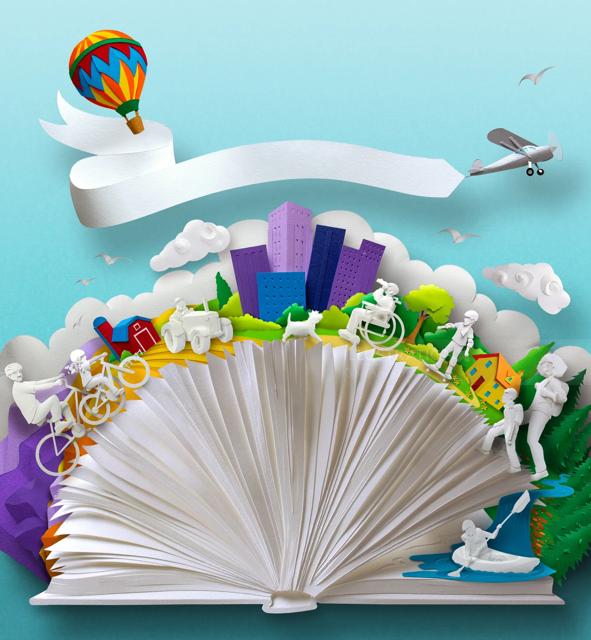 Libro abierto con ciudad, árboles, gente, bicicleta, globo aerostático y avión.