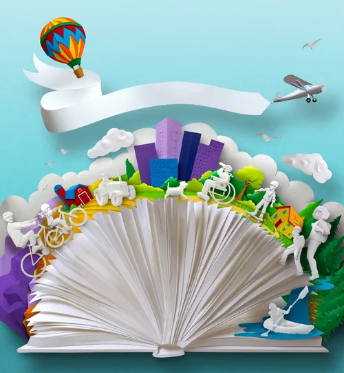 Offenes Buch mit Stadt, Bäumen, Menschen, Fahrrad, Heißluftballon und Flugzeug