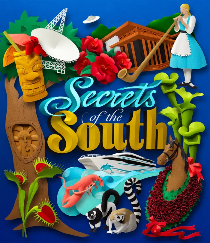 Collage of Southern culture with flowers, animals, and landmarks