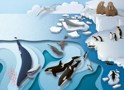 Illustration von arktischen Tieren, darunter Wale, Robben, Pinguine und Walrosse auf dem Eis