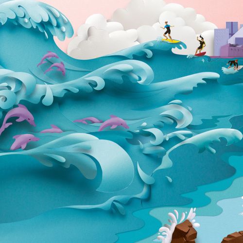 Surfers on waves with dolphins jumping near rocky shore and cityscape