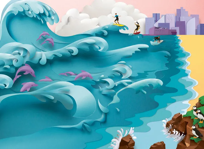 Surfers on waves with dolphins jumping near rocky shore and cityscape