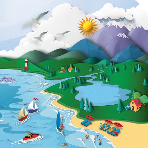 Coastal scene with beach, sailboats, mountains, lighthouse, and animals