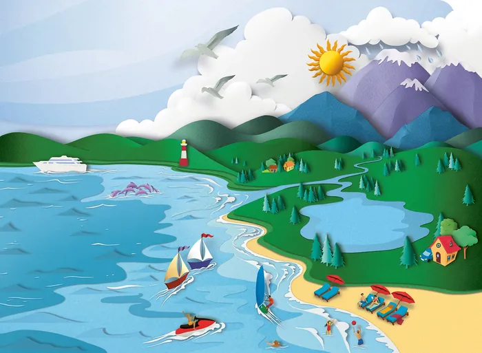 Coastal scene with beach, sailboats, mountains, lighthouse, and animals