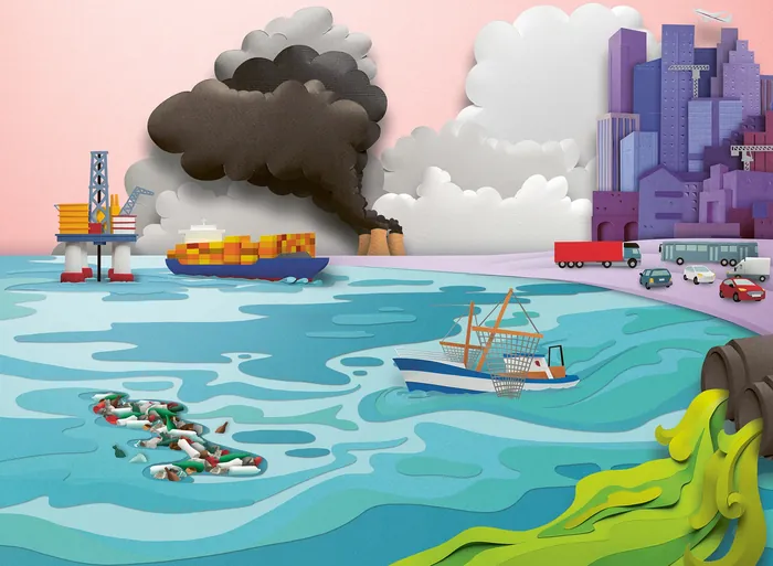 Ocean polluted with oil spill, smoke from fire, and toxic waste discharge