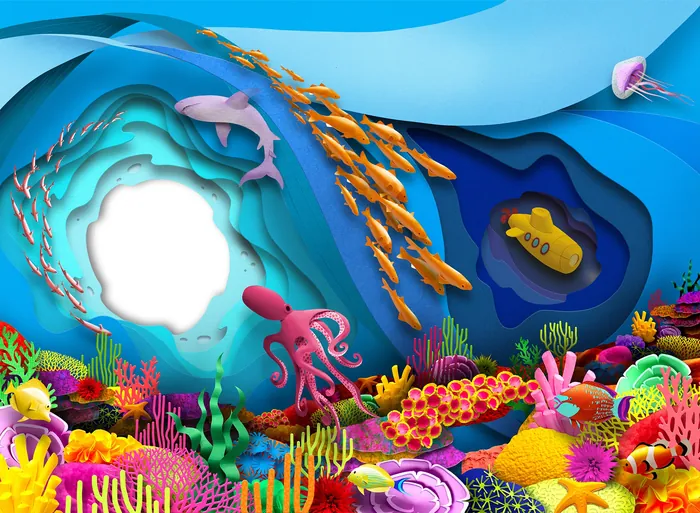 Vibrant coral reef with diverse sea creatures and a yellow submarine underwater