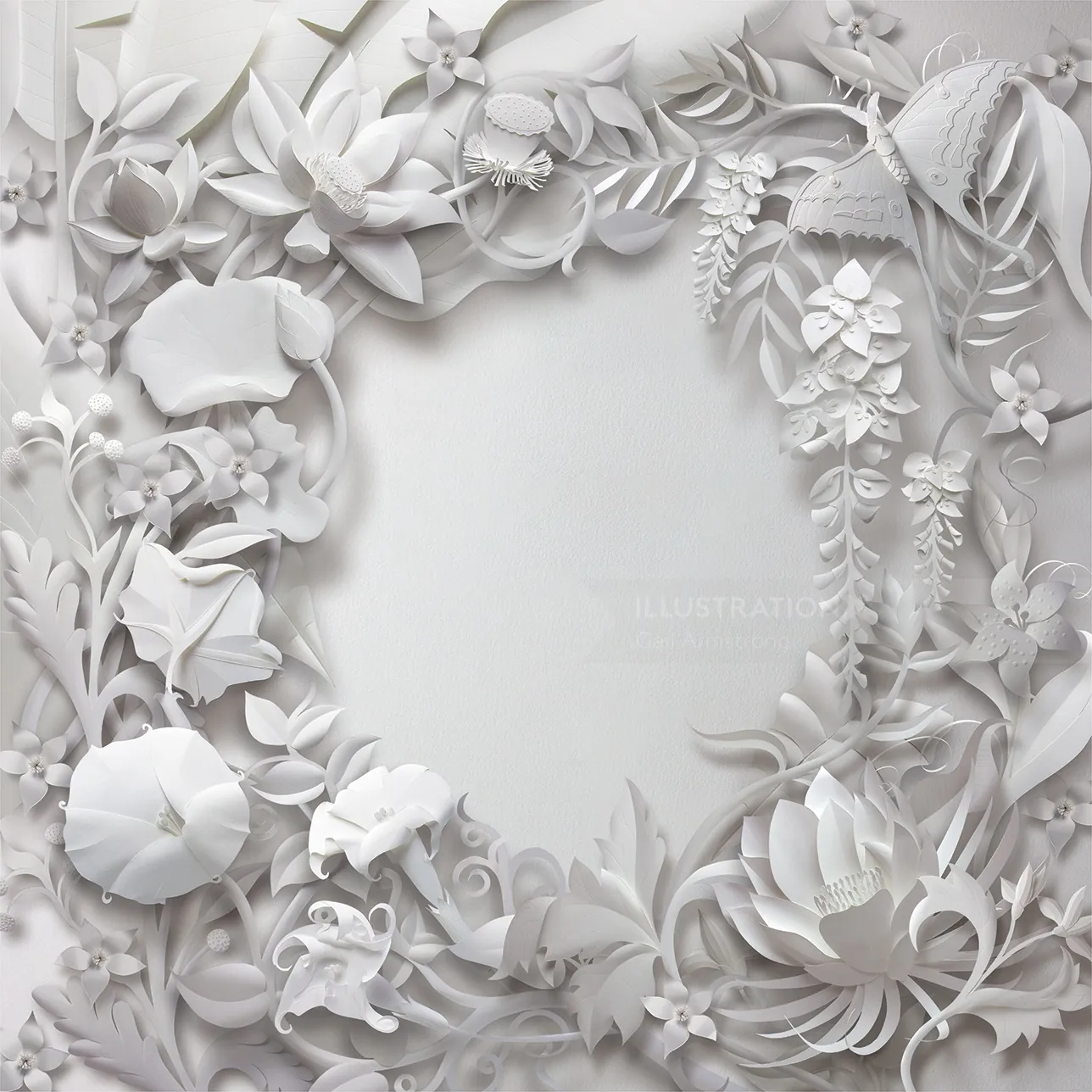 White floral paper cutout frame with leaves and flowers on white background