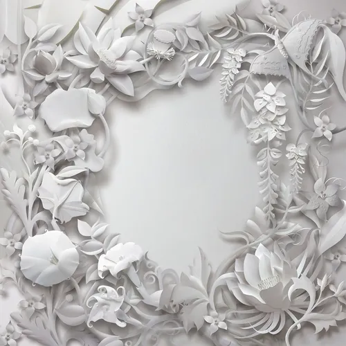 Weißer, floraler Papierrahmen mit Blättern und Blüten auf weißem Hintergrund