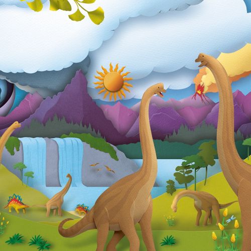 Illustration of various dinosaurs near a waterfall and mountains