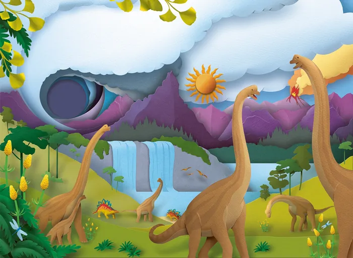 Illustration of various dinosaurs near a waterfall and mountains