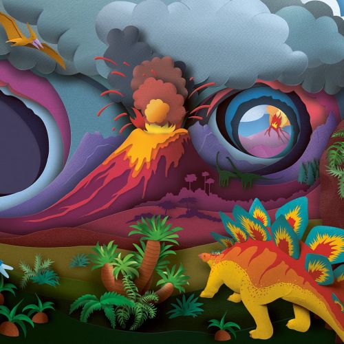 Paper cut style dinosaur landscape with volcano erupting and plants