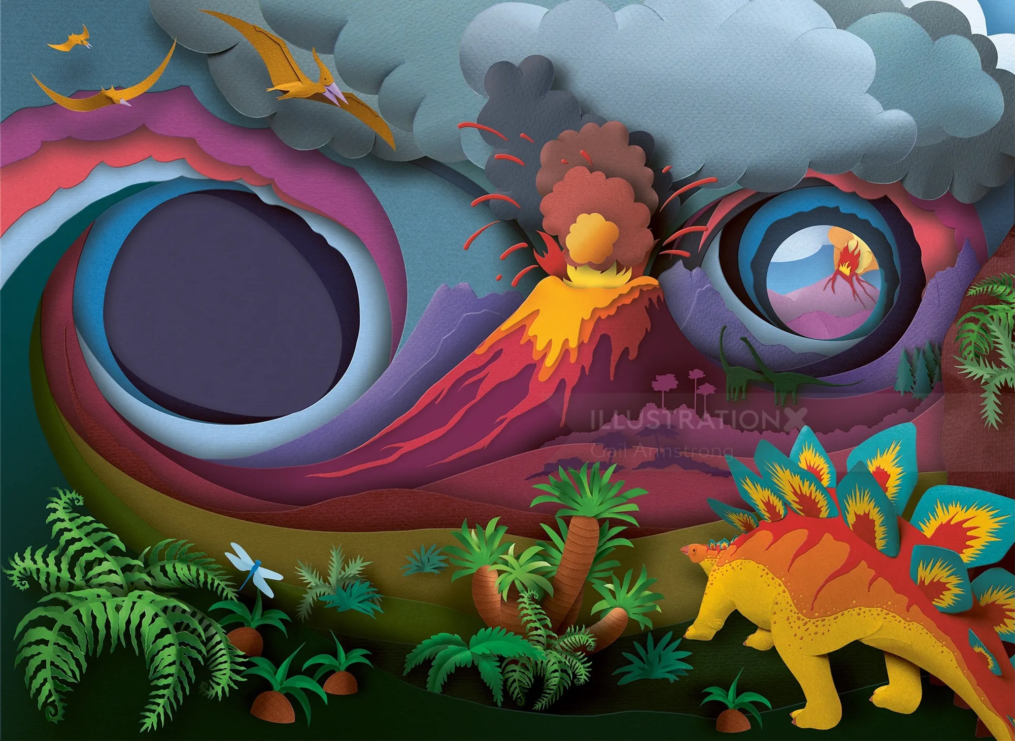 Paper cut style dinosaur landscape with volcano erupting and plants