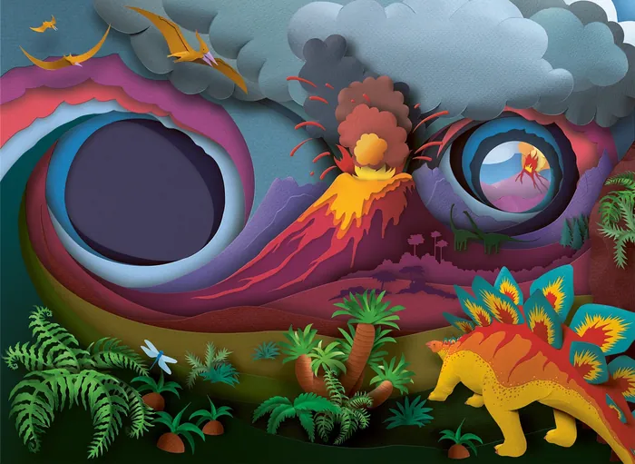 Paper cut style dinosaur landscape with volcano erupting and plants