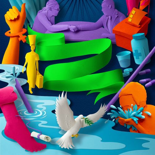 Abstract colorful figures symbolizing peace, cooperation, creativity, and unity