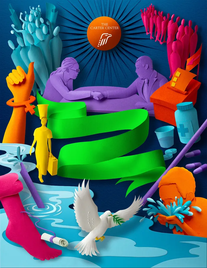 Abstract colorful figures symbolizing peace, cooperation, creativity, and unity
