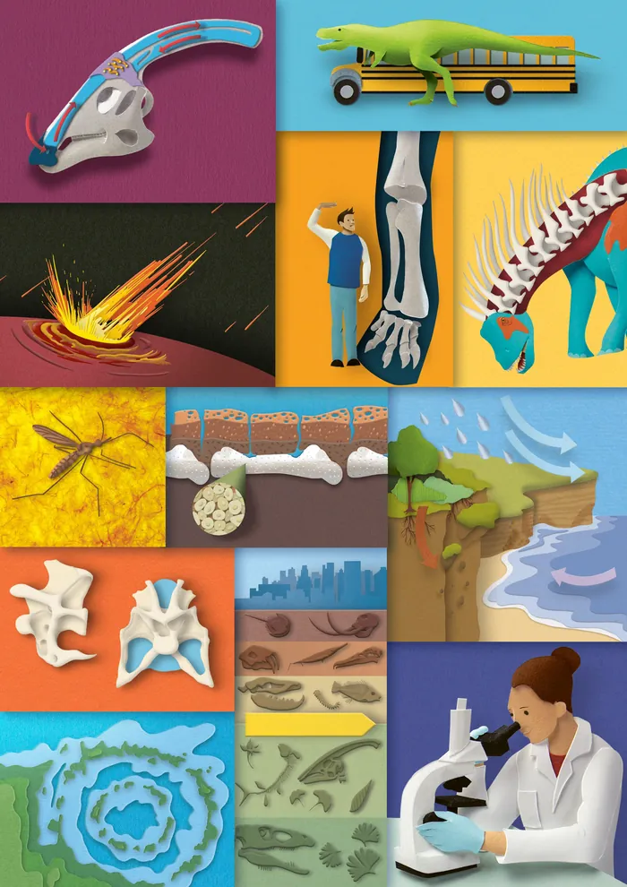 Collage showing fossils, prehistoric creatures, and a scientist using a microscope