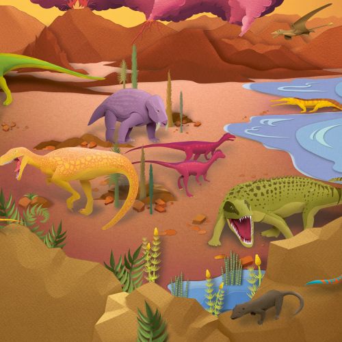 Various colorful dinosaurs near a lake in a prehistoric scene