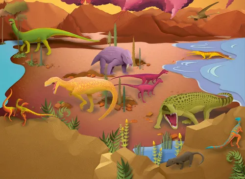 Verschiedene farbenfrohe Dinosaurier in der Nähe eines Sees in einer prähistorischen Szene