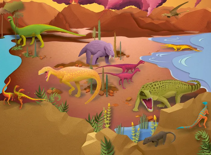 Various colorful dinosaurs near a lake in a prehistoric scene