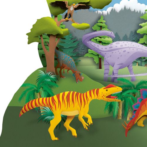 Various colorful dinosaurs in a green forest landscape