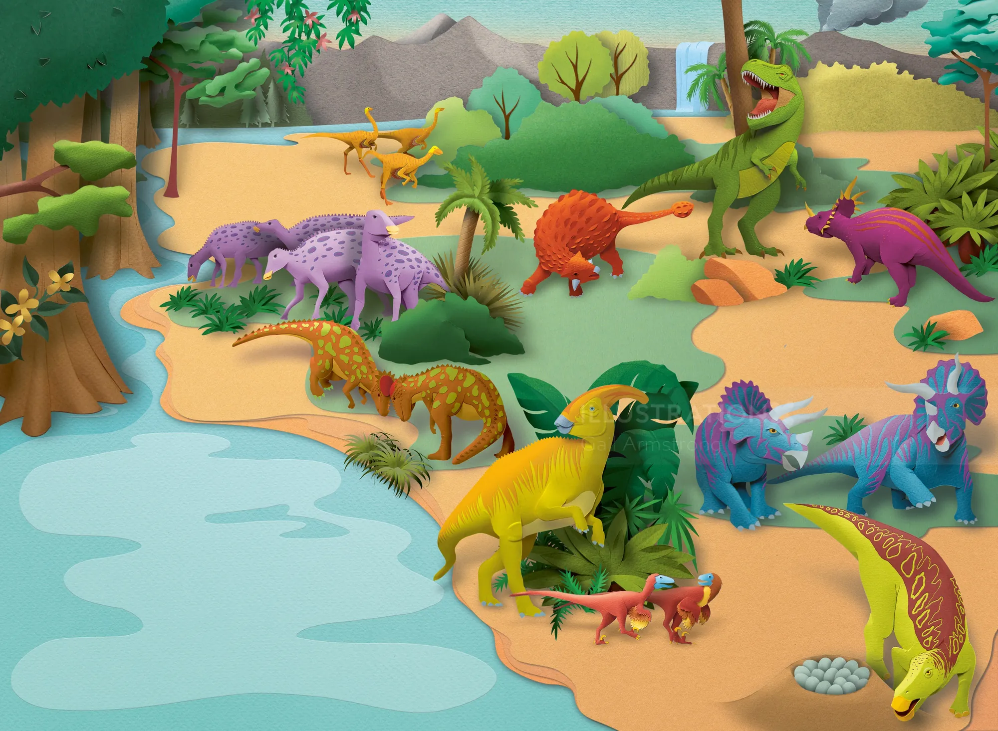 Varios dinosaurios de juguete coloridos en una escena de juego prehistórica.