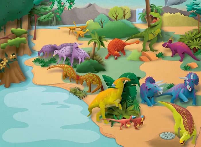 Various colorful toy dinosaurs on a prehistoric play scene