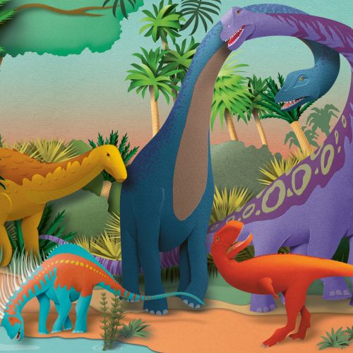 Illustration of colorful dinosaurs in a prehistoric jungle