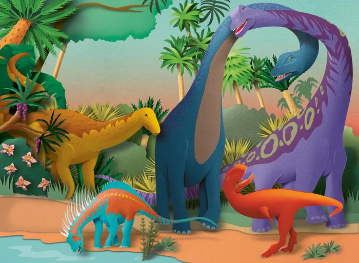 Illustration of colorful dinosaurs in a prehistoric jungle