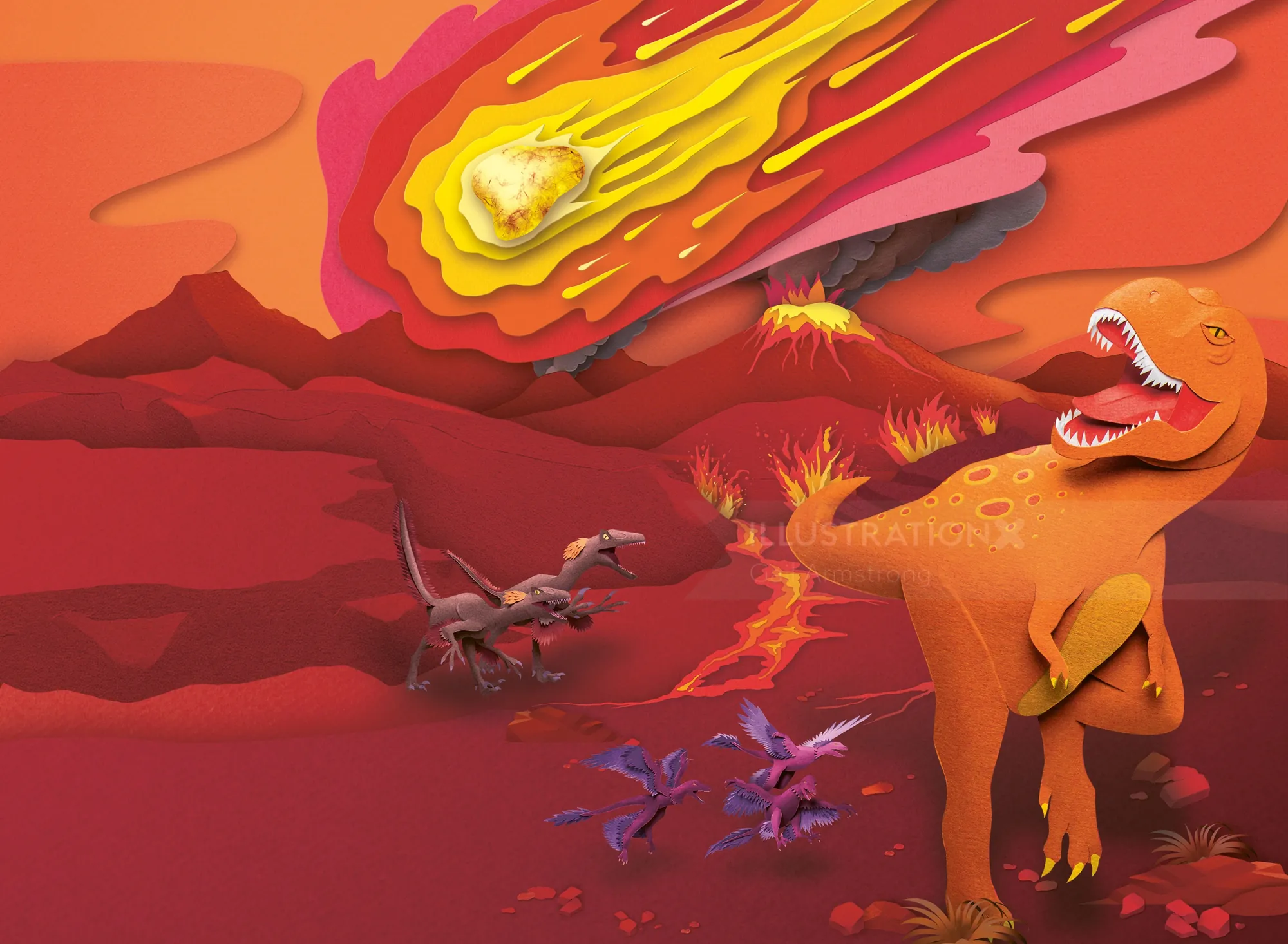 Dinosaurs running from a fiery meteor with erupting volcanoes