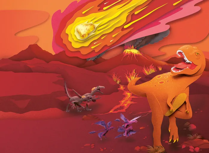 Dinosaurs running from a fiery meteor with erupting volcanoes