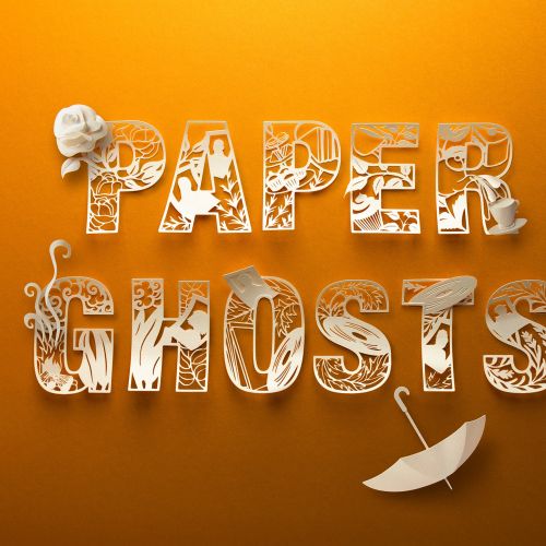 Paper Ghosts lettering with paper cutouts of rose, umbrella, and plants by Gail Armstrong
