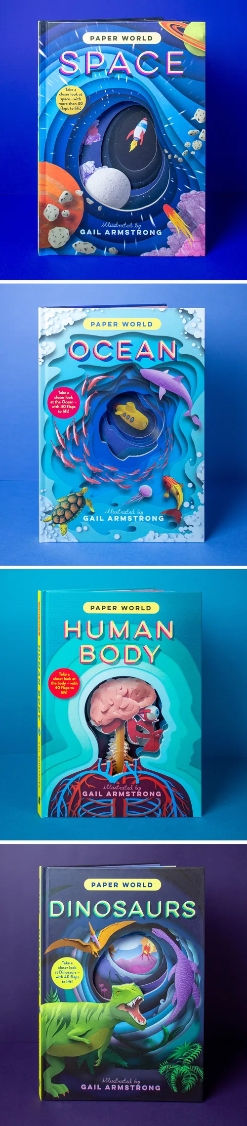 Buchcover der Paper World-Reihe von Gail Armstrong: Weltraum, Ozean, menschlicher Körper, Dinosaurier