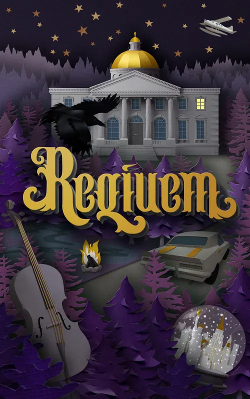 Buchcover von Requiem mit Wald, Akademie, Cello, Schneekugel und Wasserflugzeug von Gail Armstrong