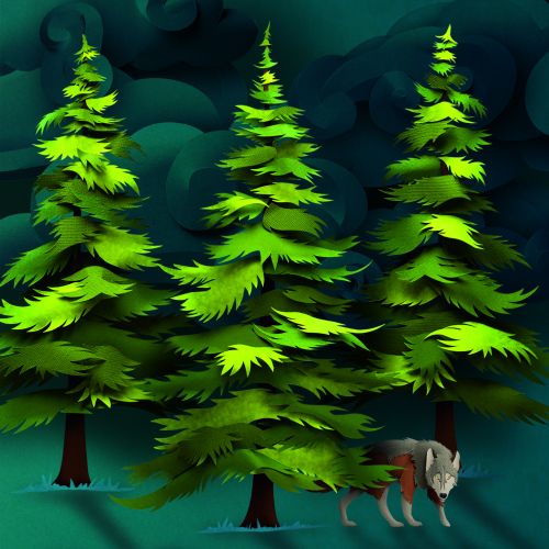Book cover Still Life shows pine trees and a wolf under dark skies by Gail Armstrong