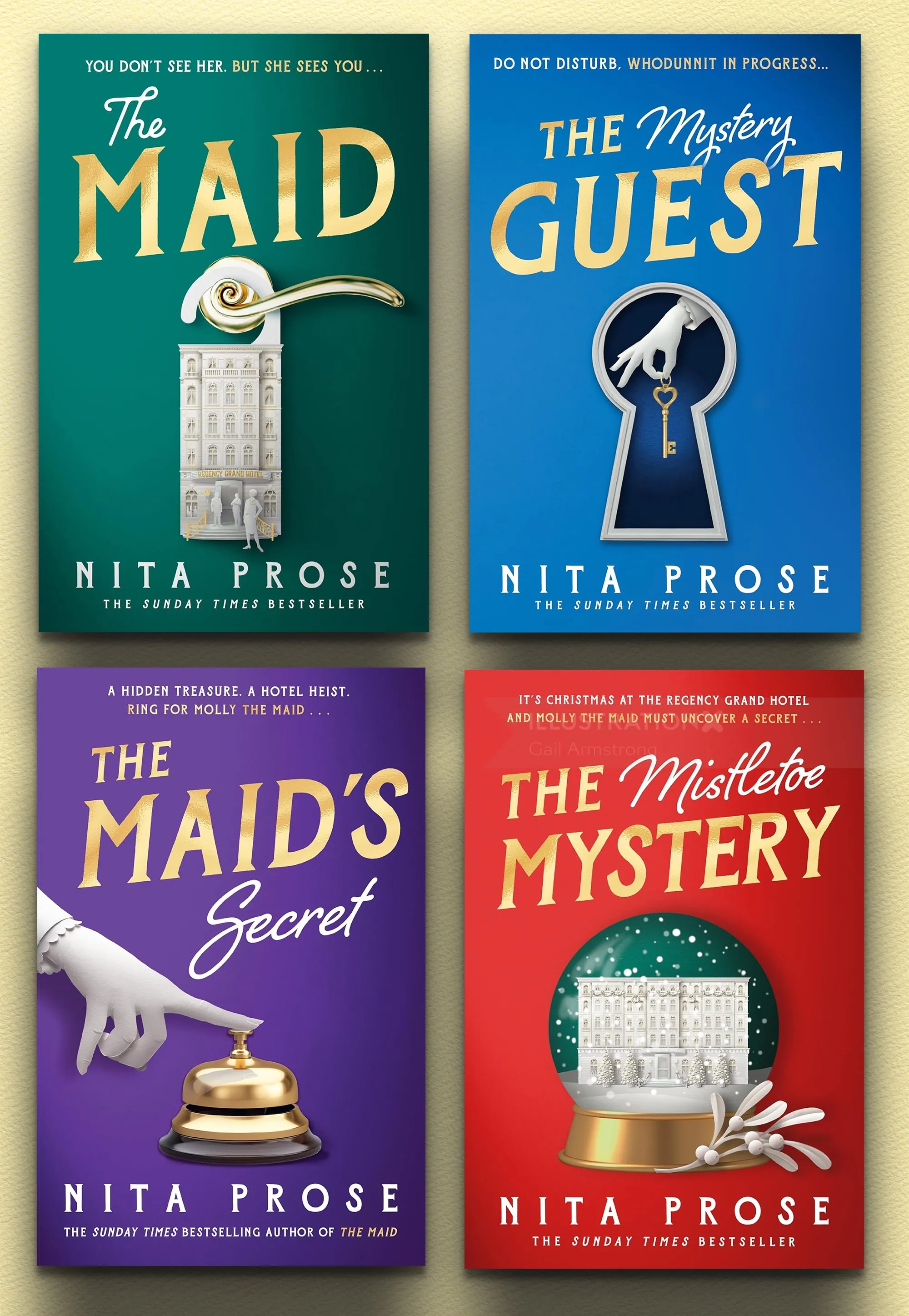 Buchcover für die „The Maid“-Reihe mit Goldobjekten von Gail Armstrong