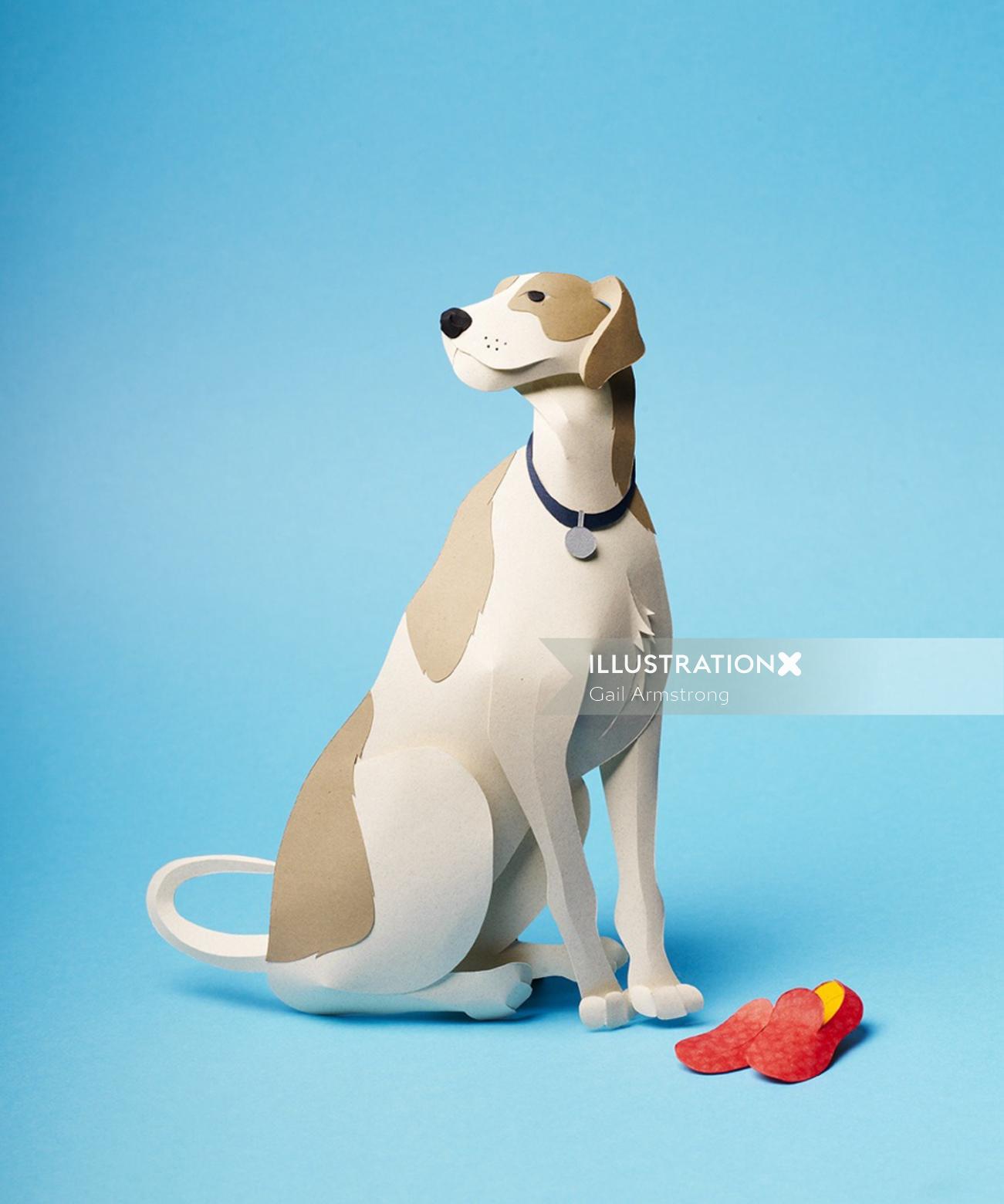 A pet dog sits with slippers 3D paper art illustration by Gail Armstrong