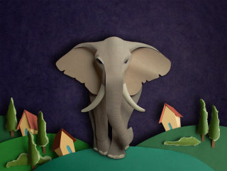 Ilustração de elefante cortado em papel por Gail Armstrong