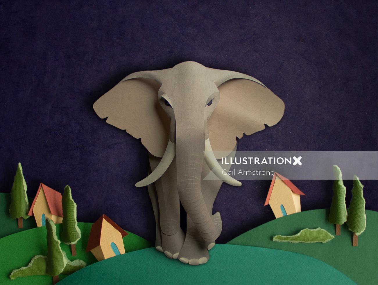 Ilustração de elefante de corte de papel por Gail Armstrong