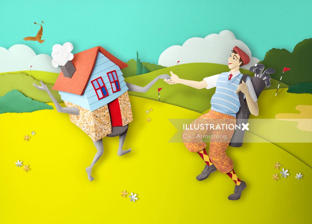 Golfer dancing with house