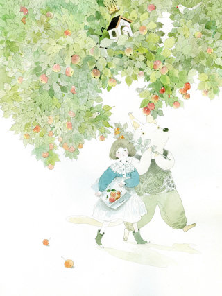 crianças andando sob a macieira

