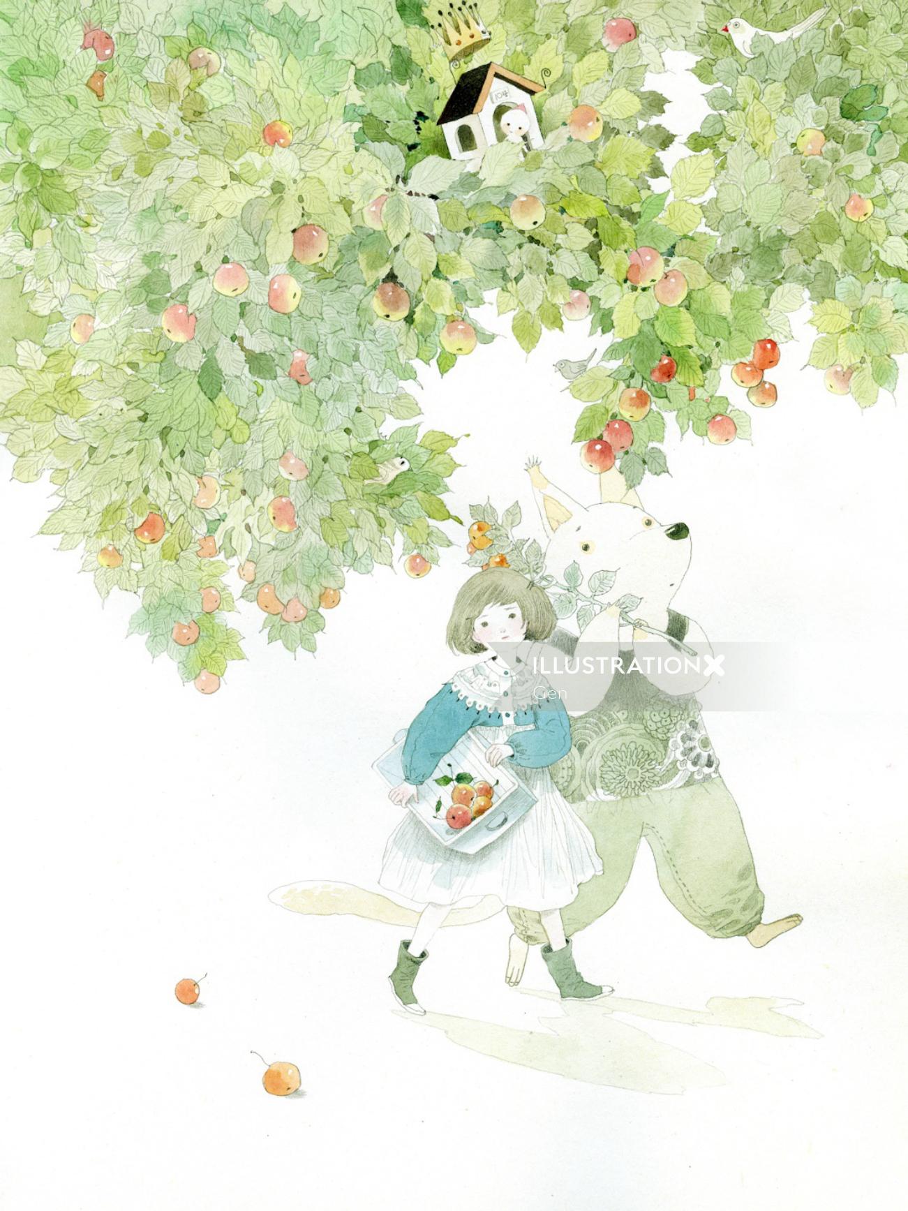 リンゴの木の下を歩く子供たち