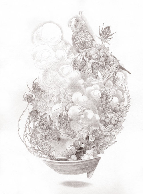 Ilustração contemporânea Pássaro na planta