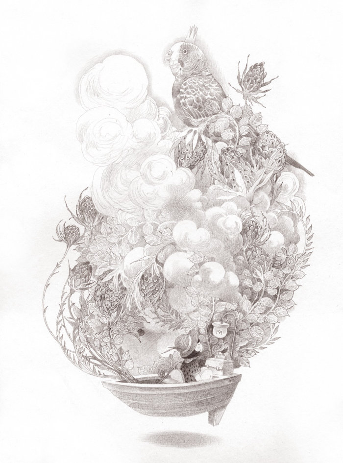 Contemporary illustration Bird on plant
