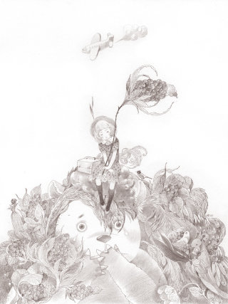 Niños, niña, sentado, en, panda&#39;s, cabeza Dibujo