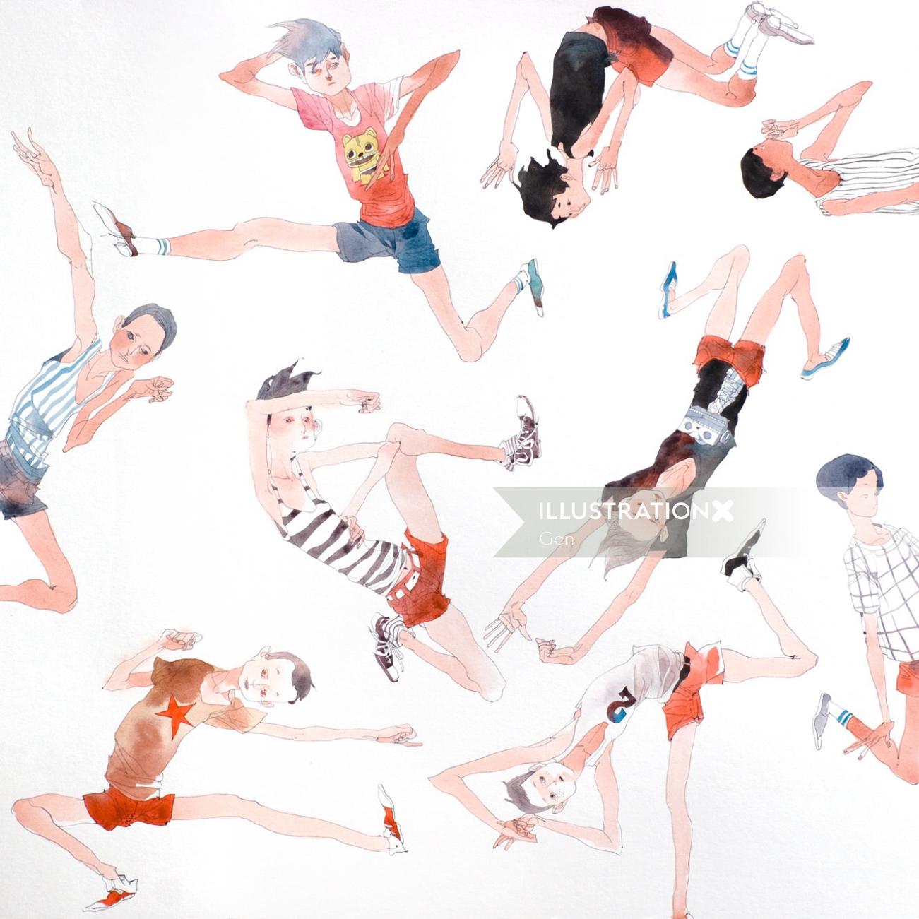 Contemporary illustration  various poses of teenagers
